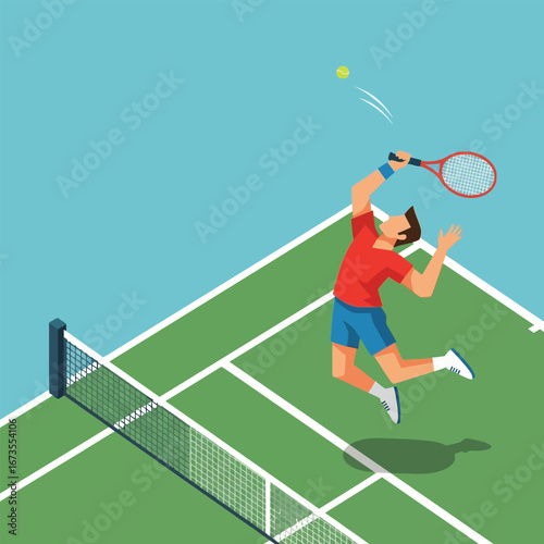 A tennis player executes a powerful overhead smash, soaring above the court.