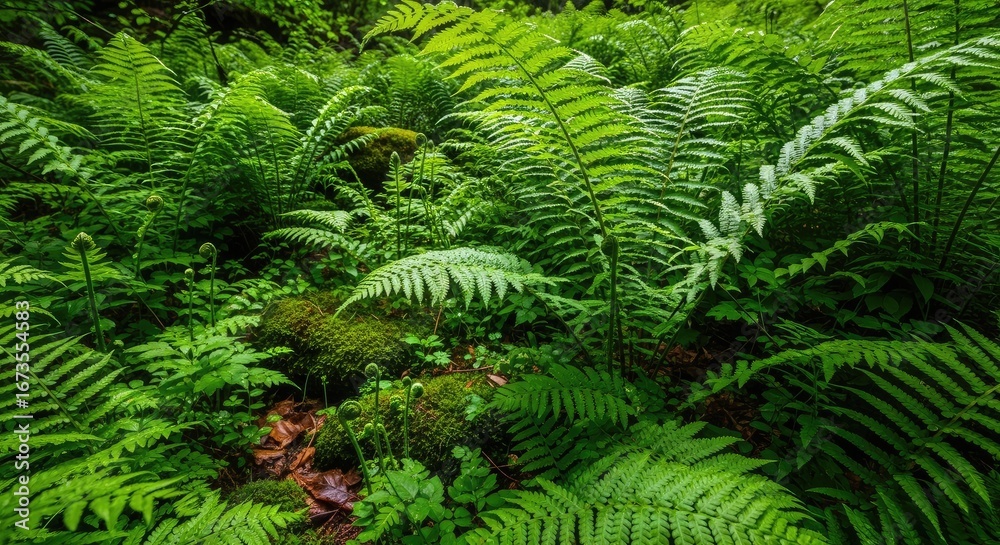 Fototapeta premium Dense carpet of vibrant green ferns covering the forest floor in a lush woodland environment