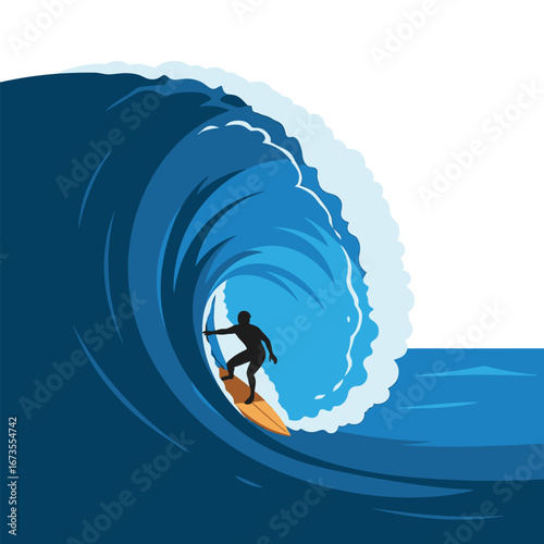 Silhouette of a surfer riding a large wave, dynamic ocean scene.