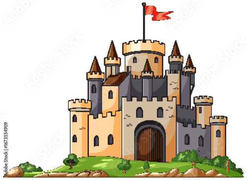 Medieval Stone Castle with Towers and Red Flag