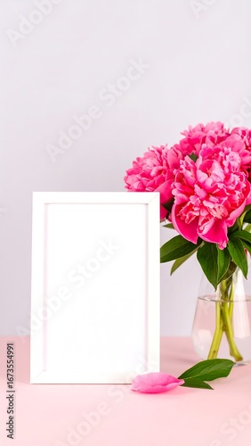 Empty white frame with pink peonies