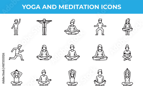 Yoga and meditation icons set, representing various poses and practices for achieving wellness, mindfulness, relaxation, and inner peace through yoga