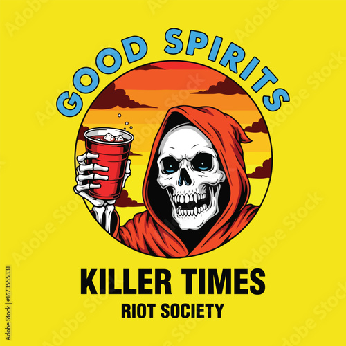 A vector illustration featuring a grim reaper skull holding a drink, embodying the theme of good spirits, killer times from riot society, set against a vibrant background