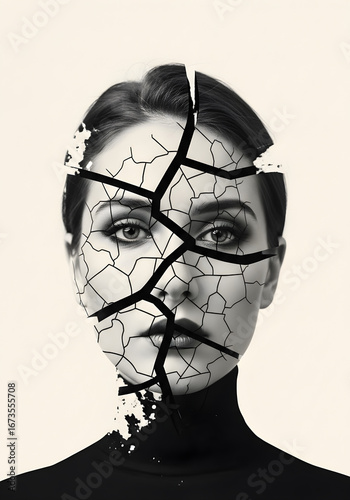 Intriguing portrait of woman with cracked skin effect expressing vulnerability and emotional fragility, symbolizing inner turmoil and mental health challenges, perfect for awareness campaigns
