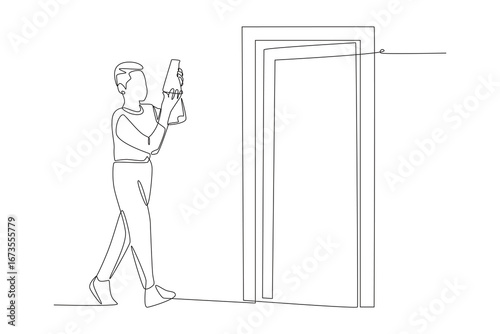 Walking up to the classroom with a science project in tow concept one-line drawing