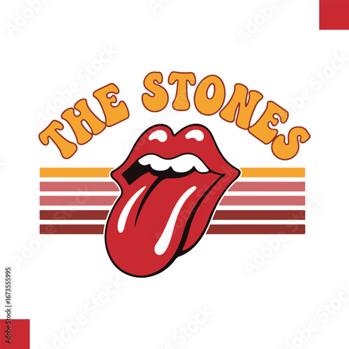 The stones iconic tongue logo with retro stripes, a vintage music symbol representing rock and roll culture, perfect for graphic design