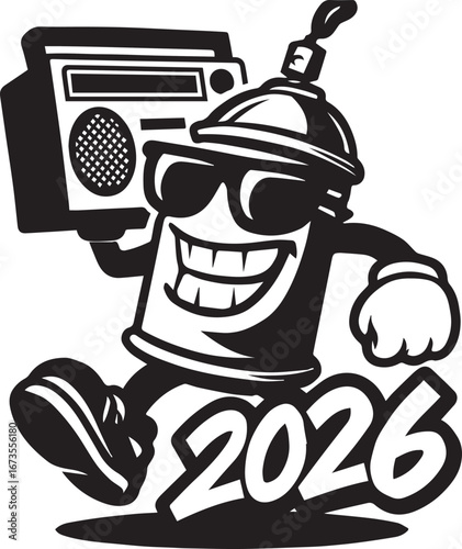 Anthropomorphic spray paint can with sunglasses holding a boombox and the year 2026 graffiti Happy new year Theme