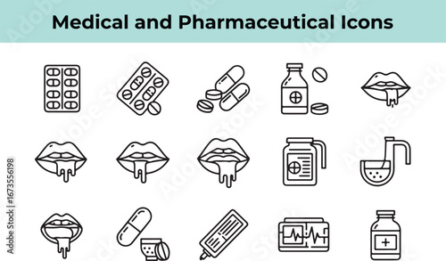 Medical and pharmaceutical icons featuring pills, blisters, bottles, and mouths, representing healthcare, treatment, and pharmaceutical concepts in a minimalist design