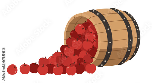 A tippedover barrel spilling numerous red apples onto the ground