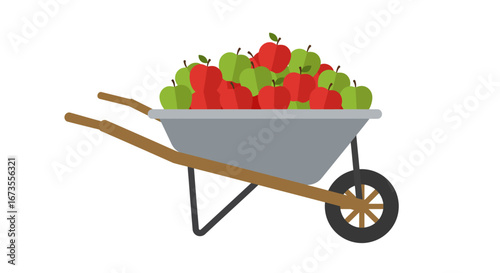 A wheelbarrow overflowing with red and green apples