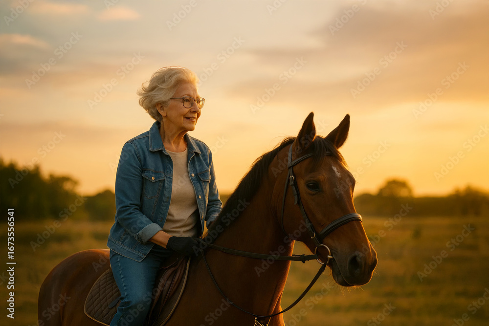 Obraz premium Smiling senior woman rides a brown horse at sunset in a meadow, enjoying equestrian leisure and freedom.