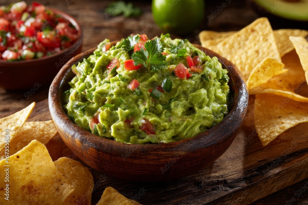 This dish features creamy guacamole topped with fresh tomatoes and cilantro, accompanied by crispy tortilla chips. Perfect for gatherings or casual snacking at any time This dish features creamy guacamole topped with fresh tomatoes and cilantro, accompanied by crispy tortilla chips. Perfect for gatherings or casual snacking at any time