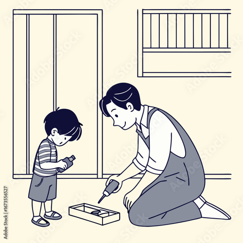 A heartwarming illustration of a father and son bonding over a DIY project at home.
