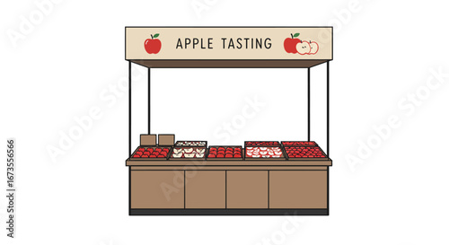 An apple tasting stand displays fresh fruit on a market stall