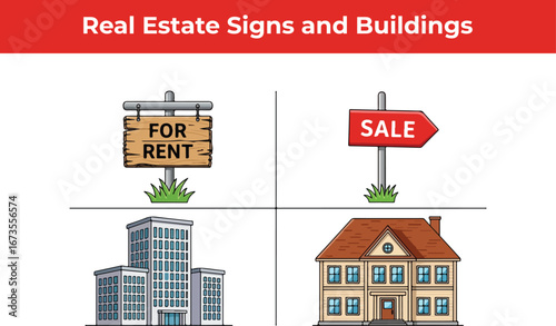 Real estate signs and buildings, showcasing properties for rent and sale, representing homes, apartments, and offices, ideal for marketing and investment