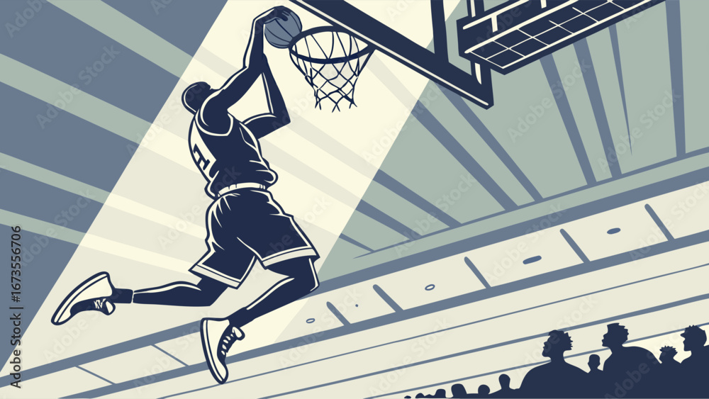 Obraz premium A basketball player in silhouette performs a powerful slam dunk during a game, illuminated by a spotlight.
