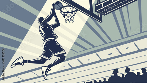 A basketball player in silhouette performs a powerful slam dunk during a game, illuminated by a spotlight.