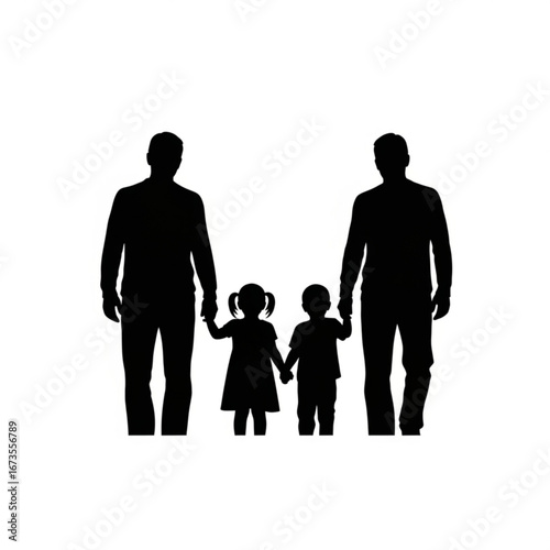 Two fathers walking with their son and daughter holding hands