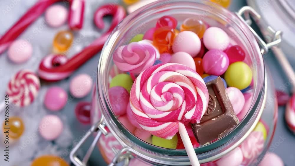 Sweets in a glass jar with candy canes and sweet treats.