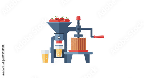 Apple press squeezing juice into glass below apples in hopper