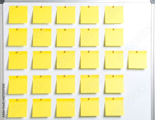 Empty yellow sticky notes on a whiteboard