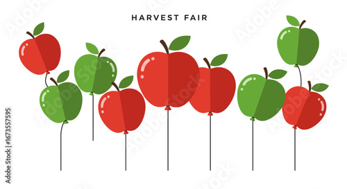 Appleshaped balloons in red and green float beneath the text HARVEST FAIR