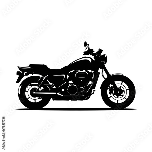 Black silhouette of a modern cruiser motorcycle on a white background