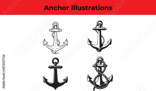 Anchor illustrations, featuring vintage nautical designs for maritime themes, showcasing classic ship symbols and seafaring elements, perfect for retro style graphics