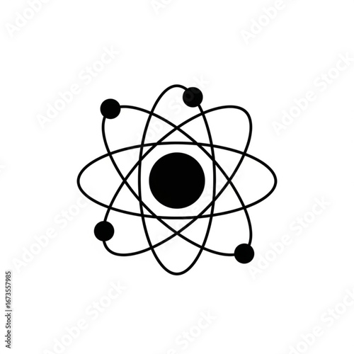 Stylized black atom symbol with orbiting electrons on a white background