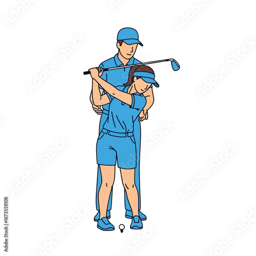 Golf instructor guiding a female golfer during her swing, focusing on posture and technique.