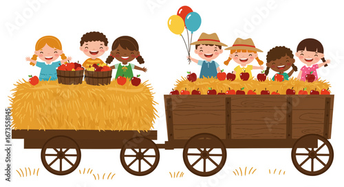 Children ride in hay wagon filled with apples one holding balloons