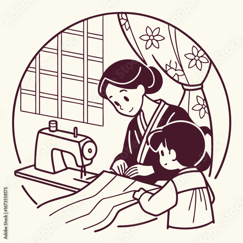 Child watches mother sewing 