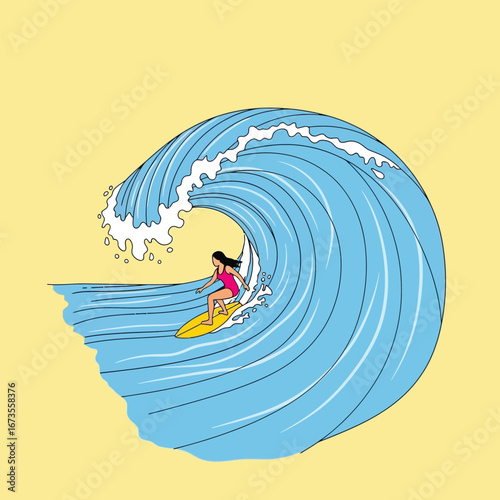 A female surfer gracefully rides a large, curling ocean wave.