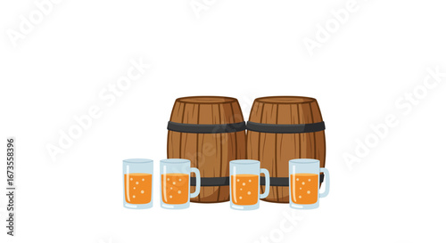 Four glasses of orange liquid in front of two brown barrels