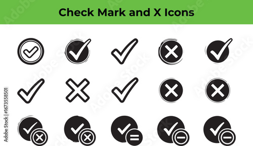 Check mark and x icons featuring various styles, perfect for indicating validation, confirmation, or cancellation in user interfaces and forms