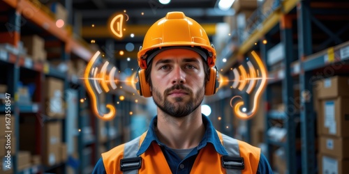 Construction worker in a warehouse wearing safety gear and headphones.