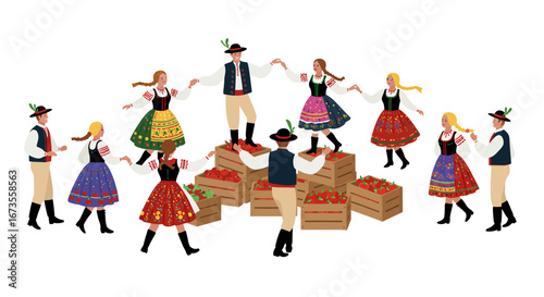Group of people in ethnic clothing dance around crates