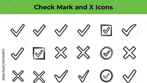 Check mark and x icons, representing agreement, disagreement, validation, cancellation, success, error, choice, and completion in various forms and styles