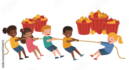 Kids tugofwar near apple baskets smiling  engaged in a fun outdoor activity