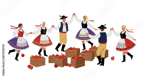 People in traditional clothes dancing around crates of apples