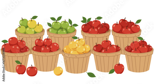 Several baskets filled with piles of red green  yellow apples are displayed with 2 apples  a leaf on the ground