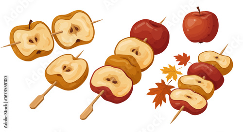 Skewered  whole apples some with autumn leaves on white backdrop show cored  complete fruit