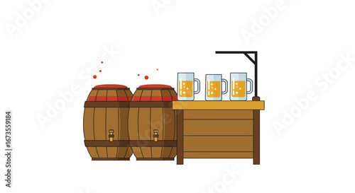 Two barrels are next to a bar counter with three mugs filled with beer all on a white background