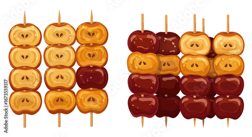 Two clusters of candiedapple skewers caramel and redglazed showcasing halved fruit