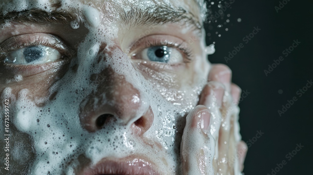 Fototapeta premium Close-up man washing face with soap, dramatic expression