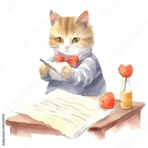A Dapper Cat Writing at a Desk with a Red Bow Tie and Flowers