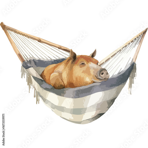 A Relaxed Pig Napping in a Striped Hammock