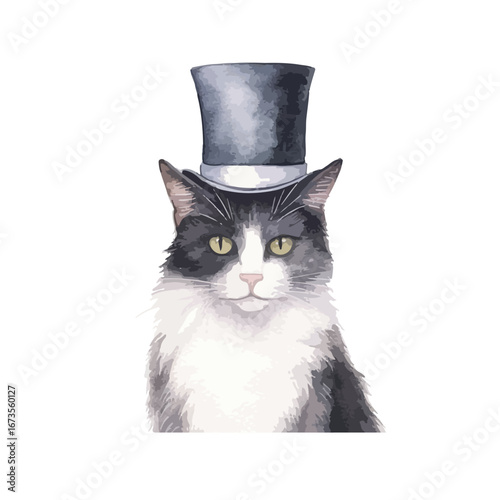 A Sophisticated Feline Wearing a Stylish Top Hat Watercolor Portrait