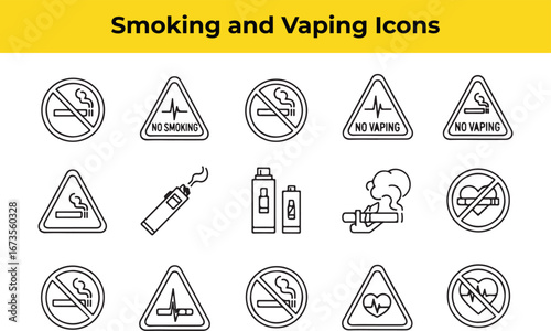 Smoking and vaping icons a set of vector icons depicting various signs and symbols related to smoking, vaping, and tobacco use, including prohibitions and warnings