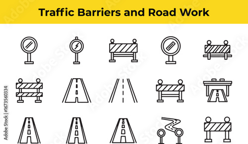 Traffic barriers and road work icons featuring signs, cones, and road blocks to indicate construction and caution for driver and pedestrian safety